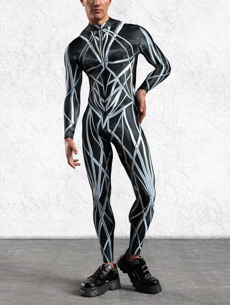Herren Sexy Bunter Print Bodysuit Punk Morphsuit Halloween Roboter Zentai Anzug Feiertagsparty Jumpsuit Rave Cosplay Kostüm – Detail 3