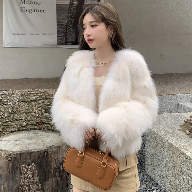 

Новая женская корейская модная укороченная шуба из искусственного меха лисы 2026 года, свободный мягкий теплый кардиган с V-образным вырезом для девушек