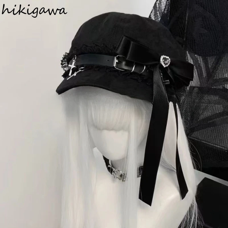 Women Harajuku Gothic Lolita Beret Hat Cap Y2K Girl Bow Punk Patchwork Lace Handmake Decorative Sun Hats 2024 Gorras Para Mujer