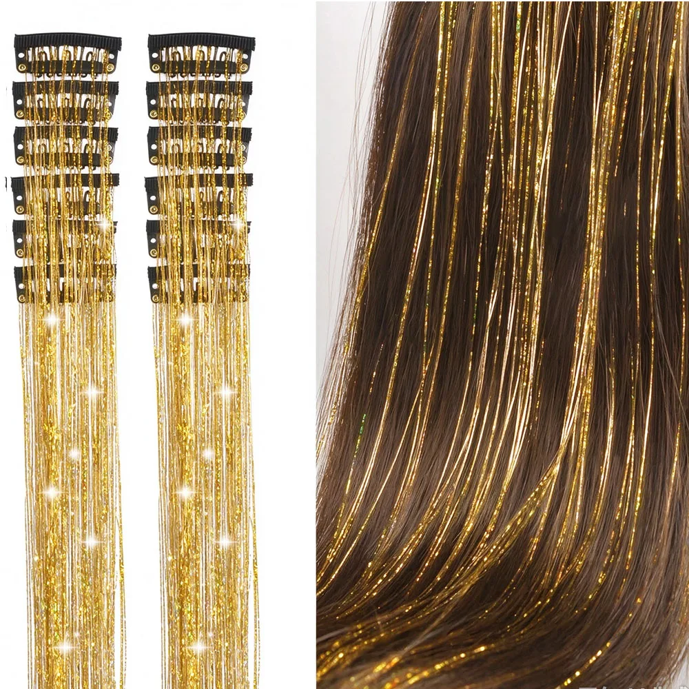 12Pcs Clip-In Synthetic Hair Tinsel, Glitter Tinsel Hair Extensions with Sparkling Golden Strands, Heat-Resistant Fiber for Women Girls, Perfect for Parties Festivals Special Occasions