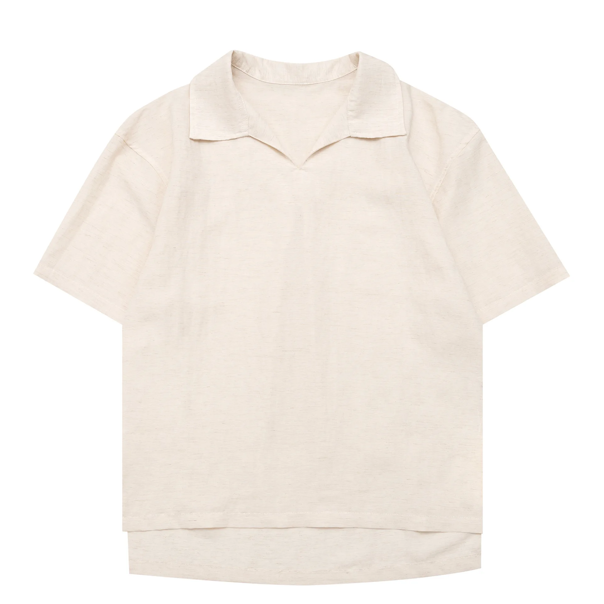Summer Old Money Style Japanese Vintage Linen-Blend Short-Sleeve Polo Shirt Loose-Fit V-Neck Elbow-Length Shirt for Men & Women