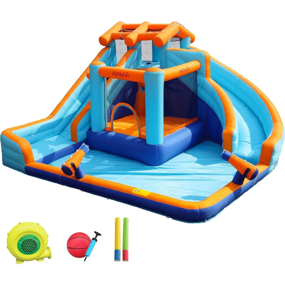 Tobogán Acuático Inflable Grande con Piscina y Aro de Baloncesto, Castillo Inflable para Niños y Adultos, Juego al Aire Libre