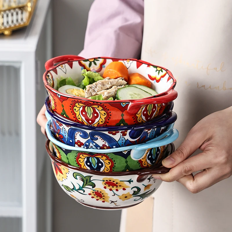 Double Ear Creative Big Soup Bowl Ceramic Noodle Household Instant Exotic Style Large