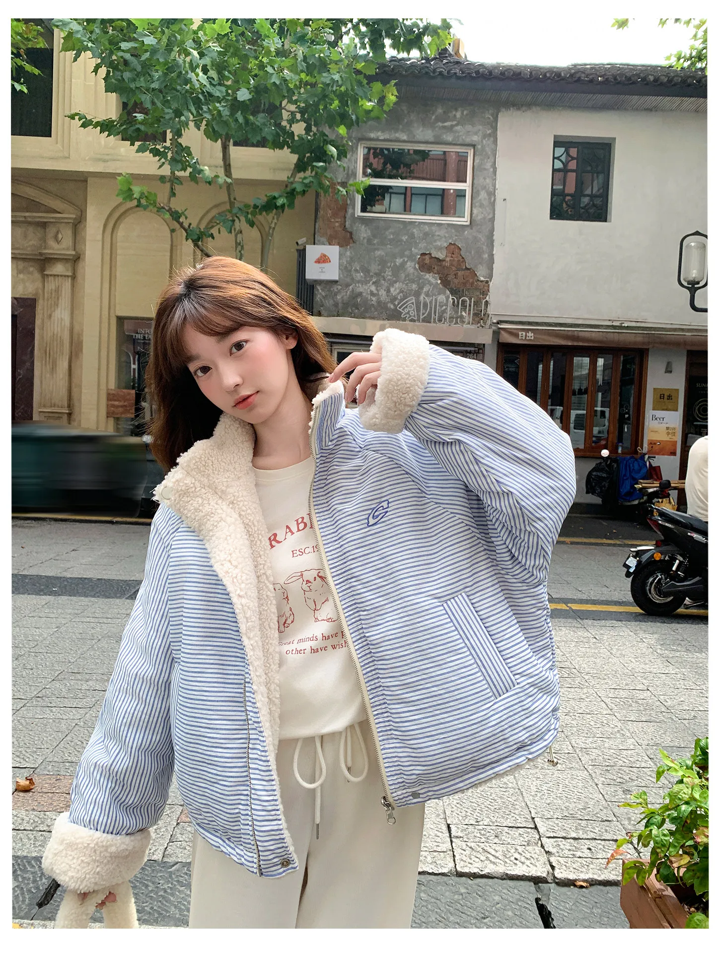 Korean Women's Reversible Striped Jacket Autumn Winter Stand Collar Fleece Lined Padded Coats Woman Loose Casual Plush Jackets