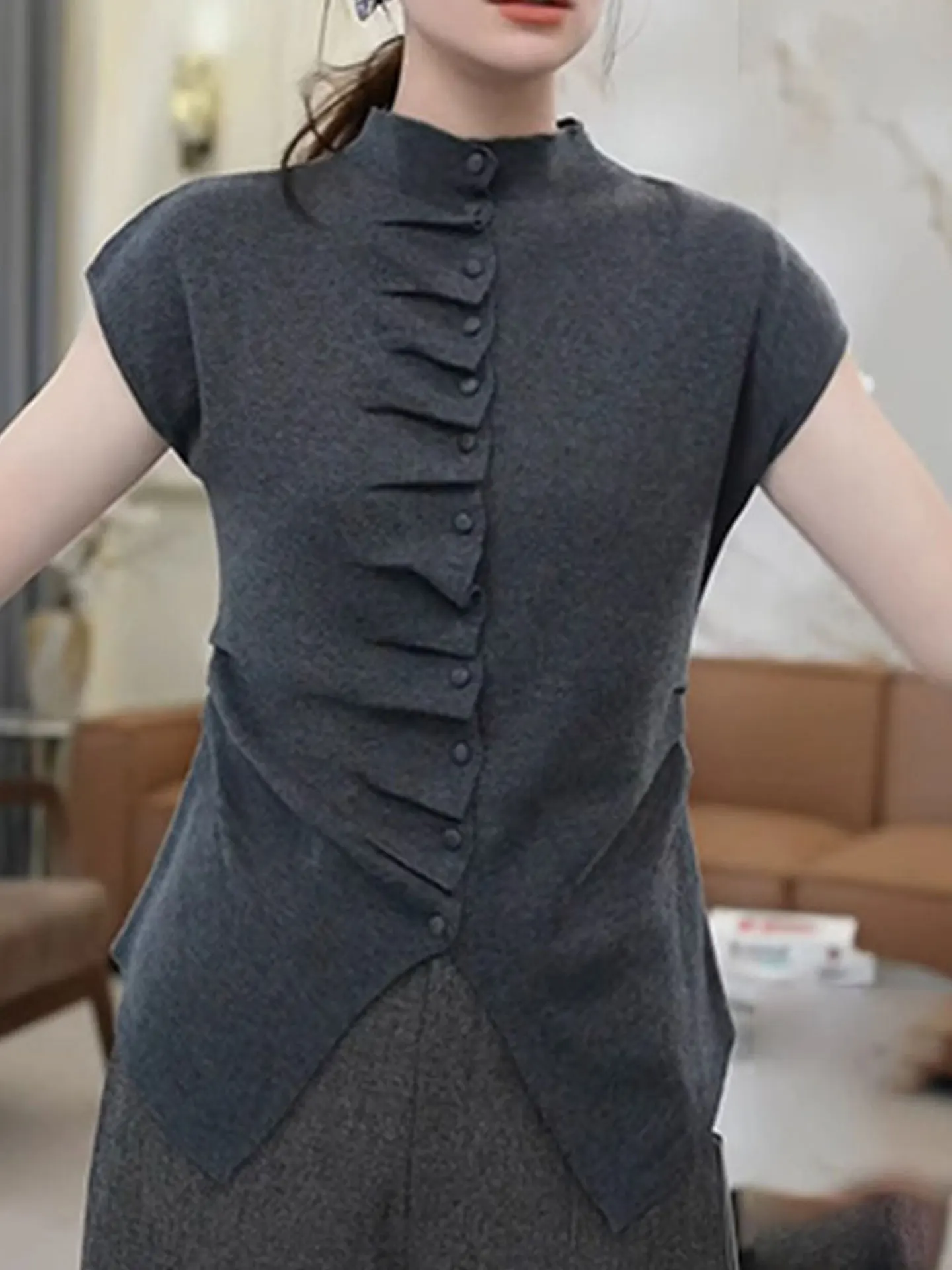 

Женская трикотажная футболка Ele Slim Fit с коротким рукавом, плиссированная, модная летняя блузка на одной пуговице, в корейском стиле, из шелковой смеси