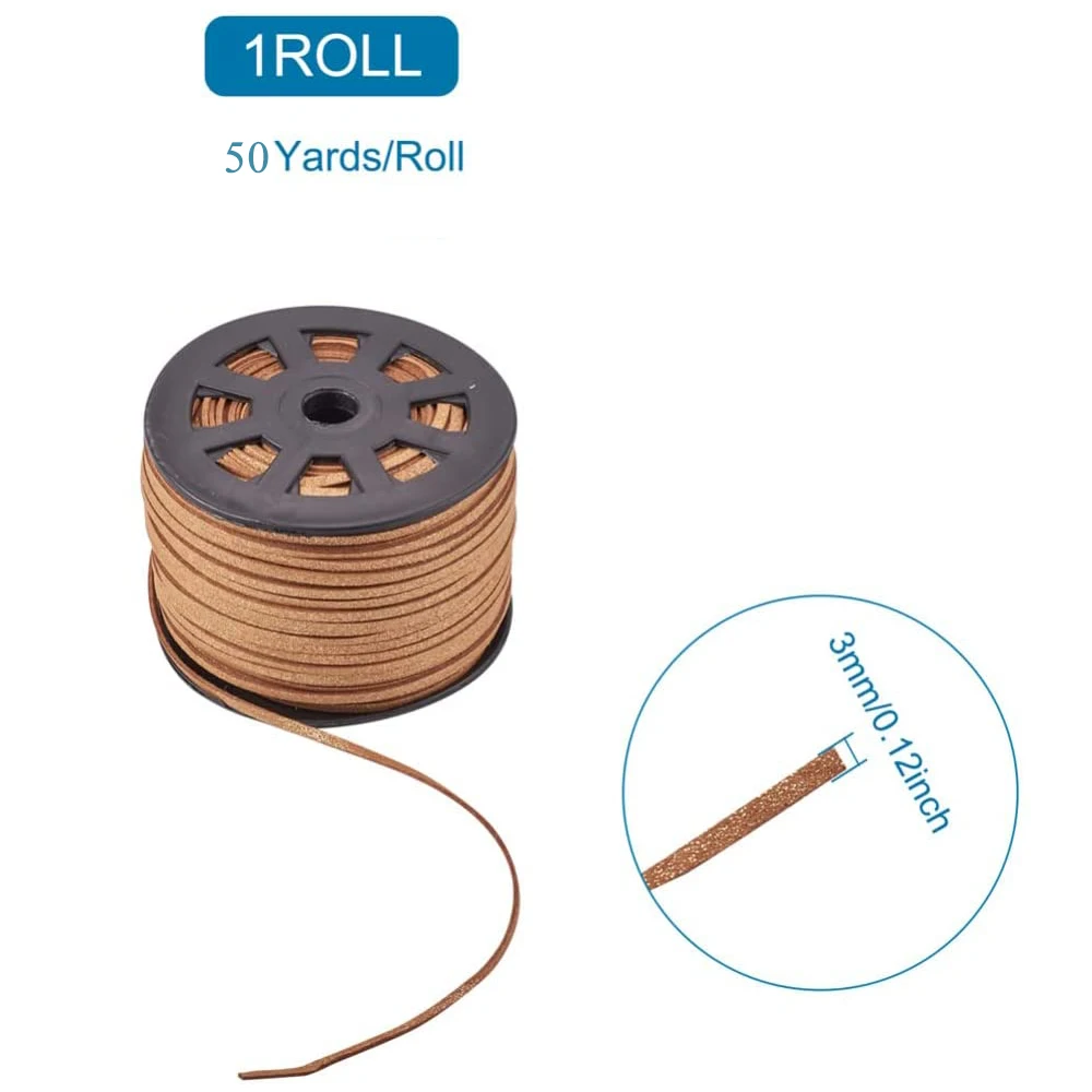 50-metrowy sznurek ze sztucznej skóry zamszowej z mikrofibry, płaski, skórzany, koronkowy, aksamitny sznurek z koralikami i szpulą w rolce do wyrobu
