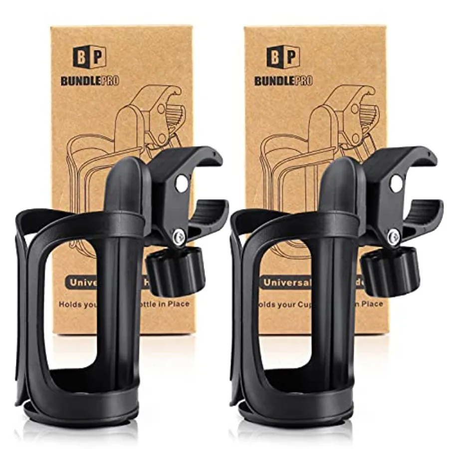 Universal stroller cup holders pack of 2 for bikes trolleys walkers, durable plastic, black, adjustable fit and secure grip