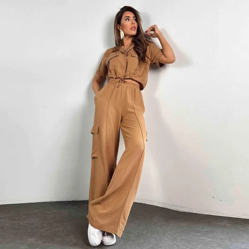 

New Oversized Cargo Sweatpants Two Piece Loungewear Women Outfits Suit Short Sleeve Crop Tops and Long Wide Leg Pants Tracksuit