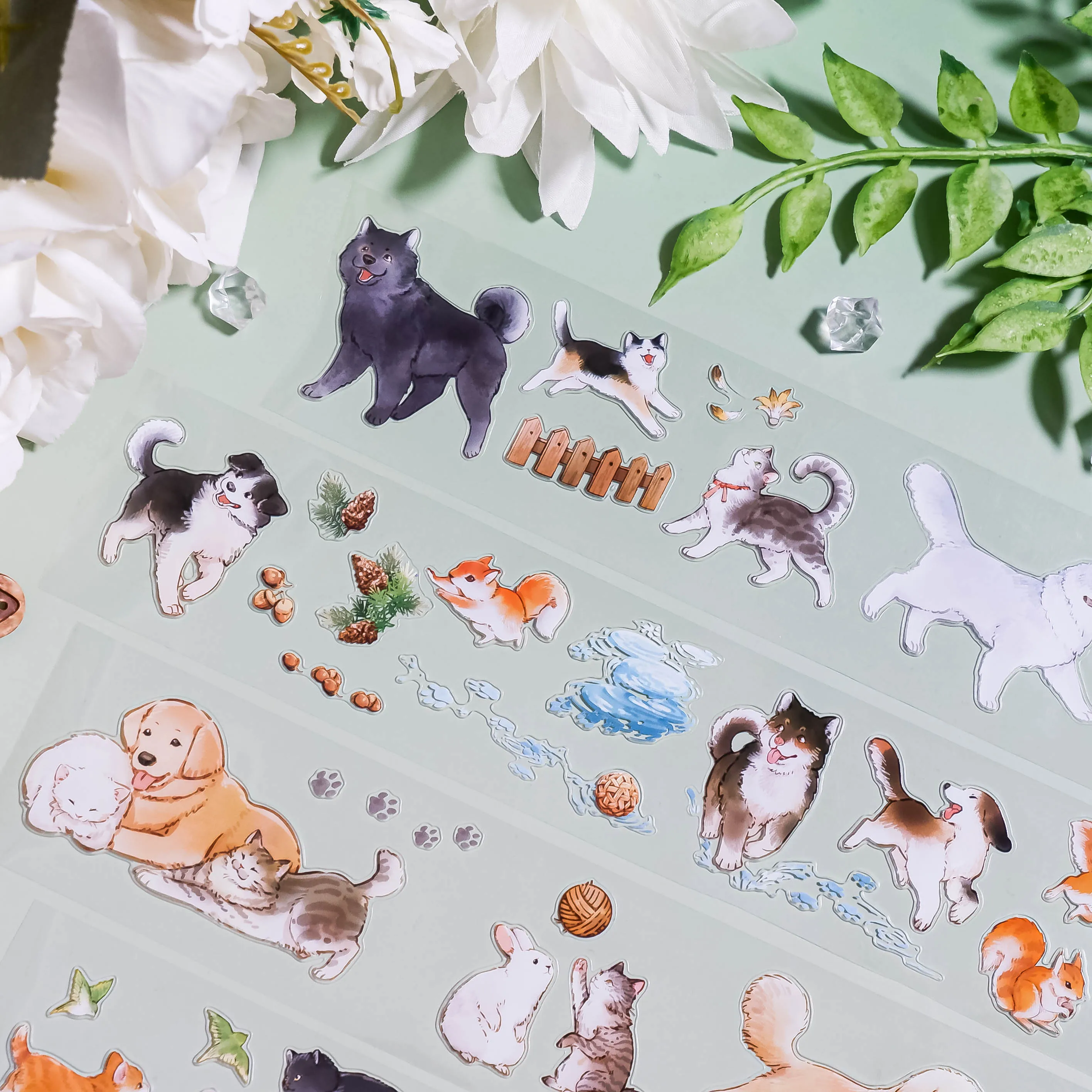 

5M Sticker Roll Die-cutting Tape A Litter of Cuties, Cat, Dog Rabbit