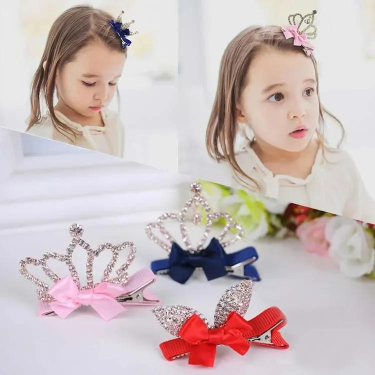 

1PCS Girls Hair Clip Shiny Crown Rhinestone Princess Hairpins Kids Rabbit Ears Bow Barrettes Party Headwear Hair Accessories