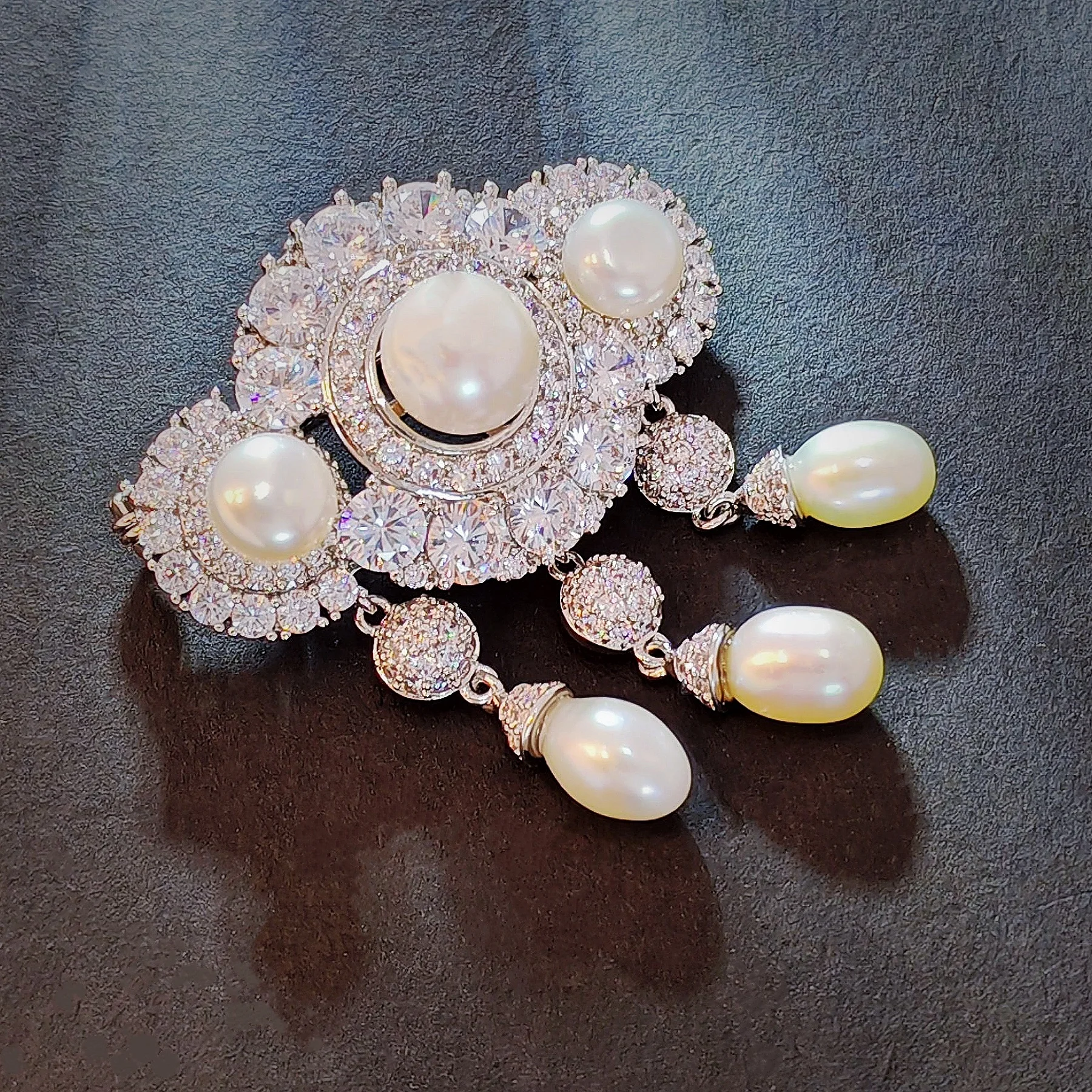 Elegant Silver Tone Micro Pave CZ Trio Pearl Brooch with Triple Teardrop Queen Wedding Jewelry