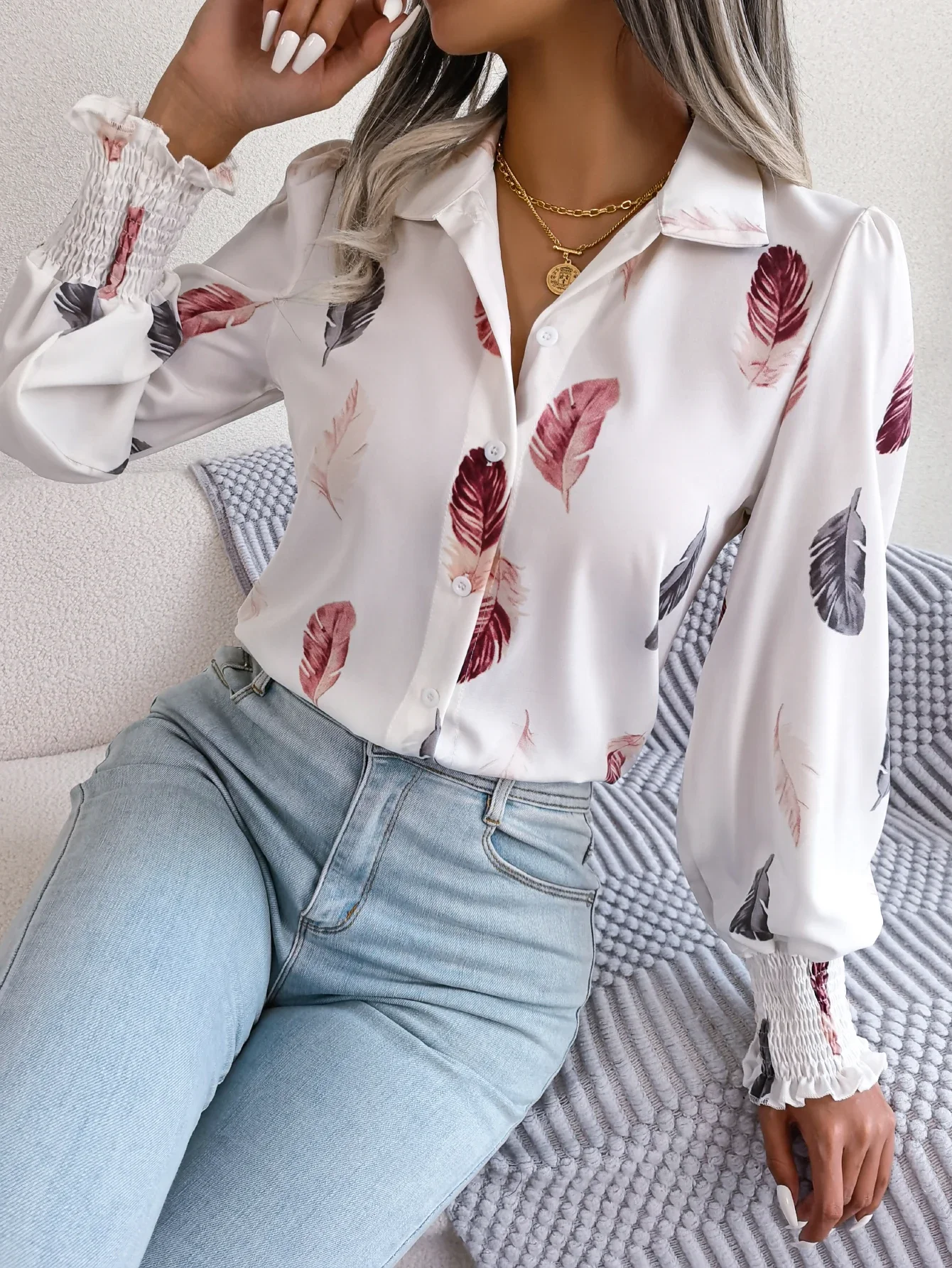 

Casual Lantern Sleeve Button Front Turn Down Collar Feather Print Shirt, Women's Clothing