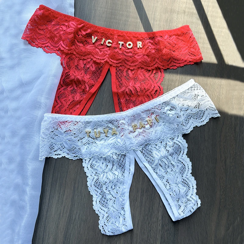 Custom Thong Crystal Name Letter Women Sexy Lace Erotic Open gear Panties Personalized Name G-String tanga XXL 4XL Large size