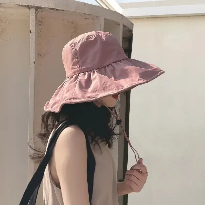 Polyester Cotton UV Protection Sun Hat Vinyl Bucket Women's Summer Solid Color Foldable Casual UPF50 Caps Accessories