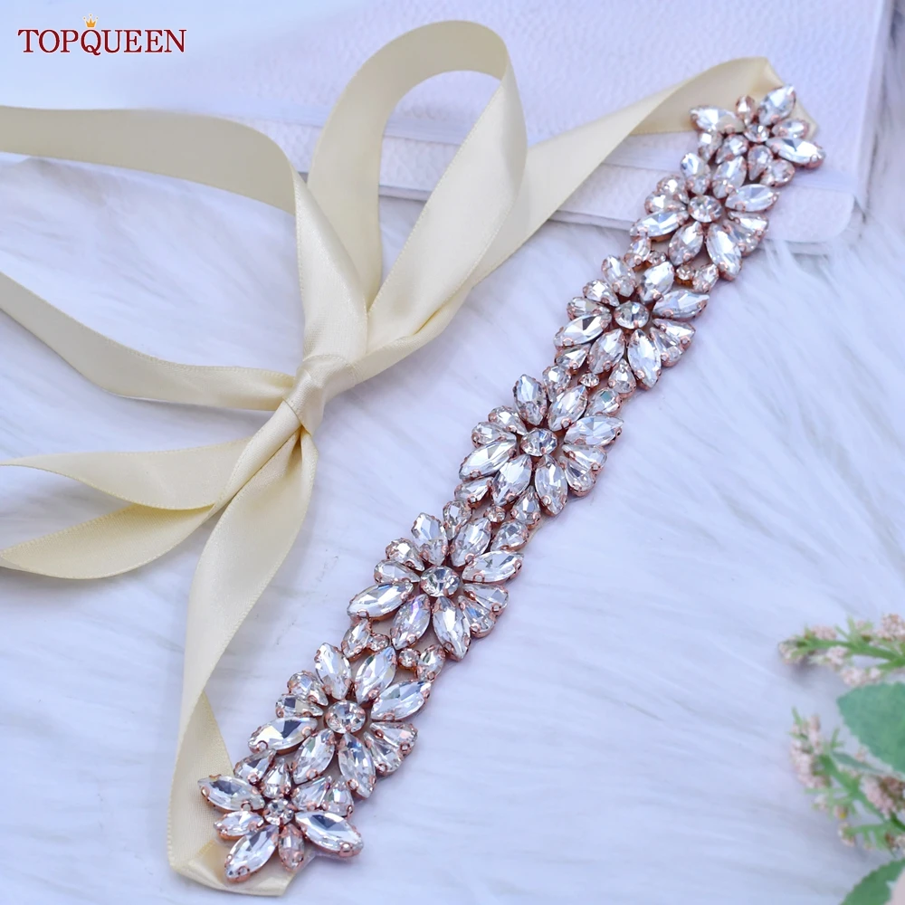 

TOPQUEEN Wedding Belt Women Green Luxury Belts Rhinestones for Dresses Moroccan Rose Gold Bridal Satin Diamond Belt S89-RG