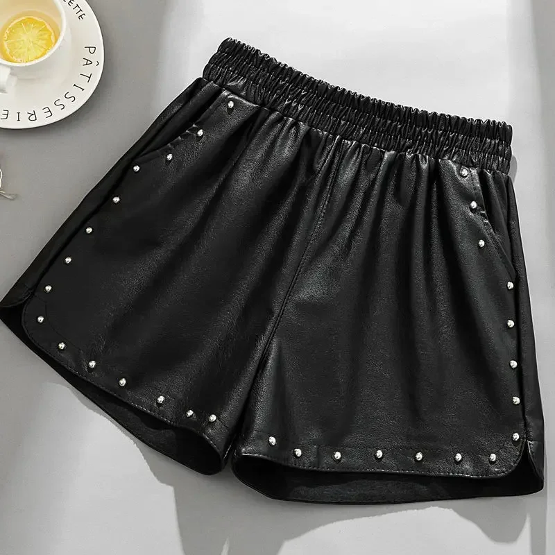 

Women's Solid Color Fashion PU Leather Shorts Elastic Waist Faux Leather Shorts