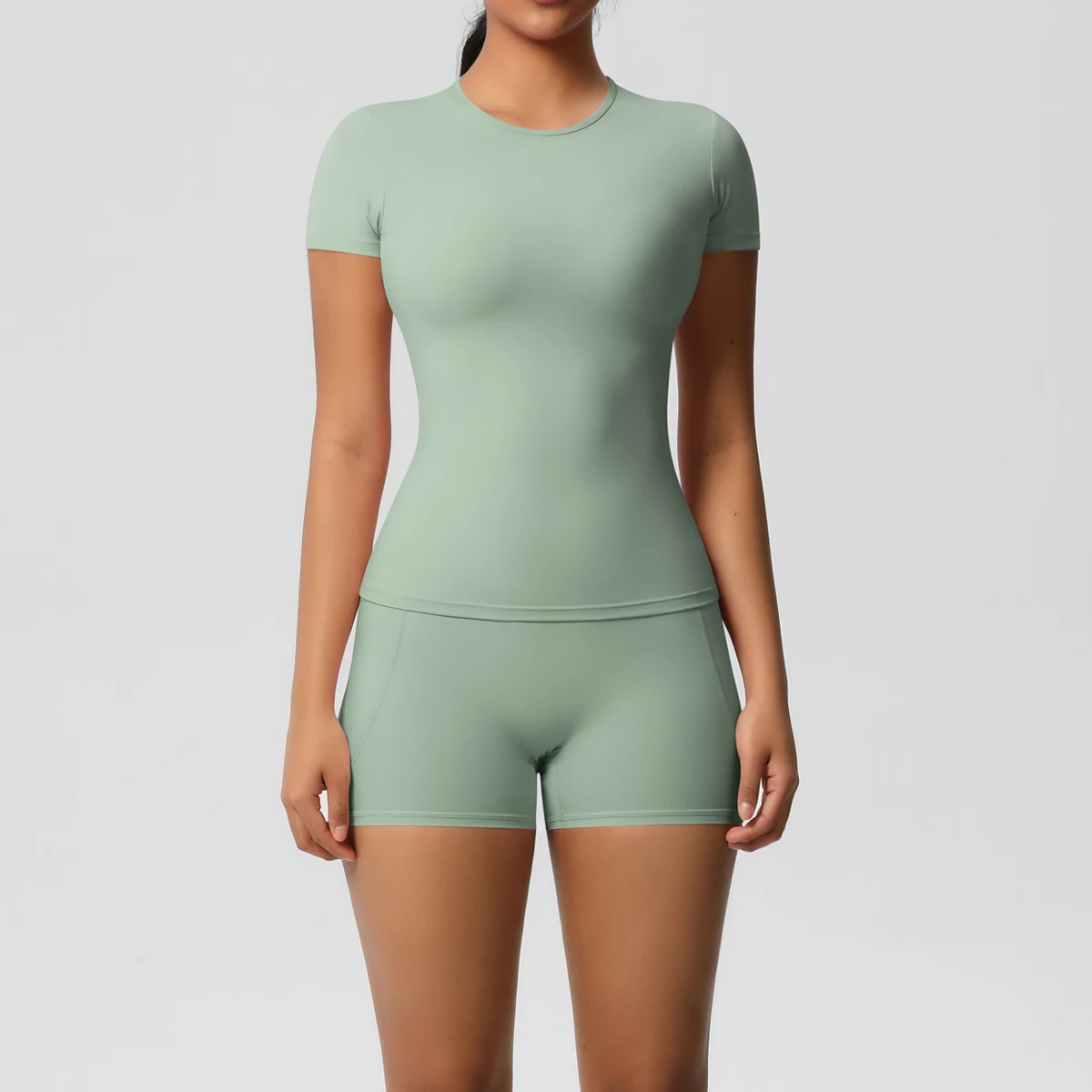 운동복 스포츠웨어 2피스 여성 요가 셔츠 푸쉬업 운동복 여성 야외 스포츠 하이웨이스트 피트니스 스포츠 반바지