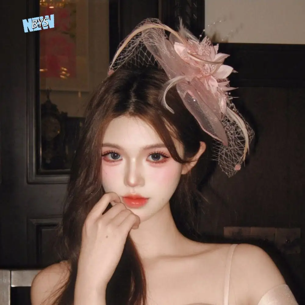 

Fashion Flower Feathers Fascinator Hat Hairpin Exquisite Veil Hat Headwear Elegant Sweet Funeral Headdress Headwear