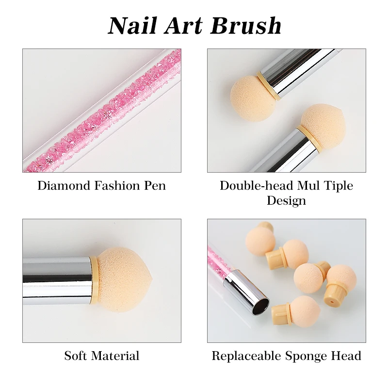 Clou Beaute Nail Art Double ended Shading Pen Brush Removable Set Sponge Brush Manicure Rhinestone Handle Art Nail Polish Tool