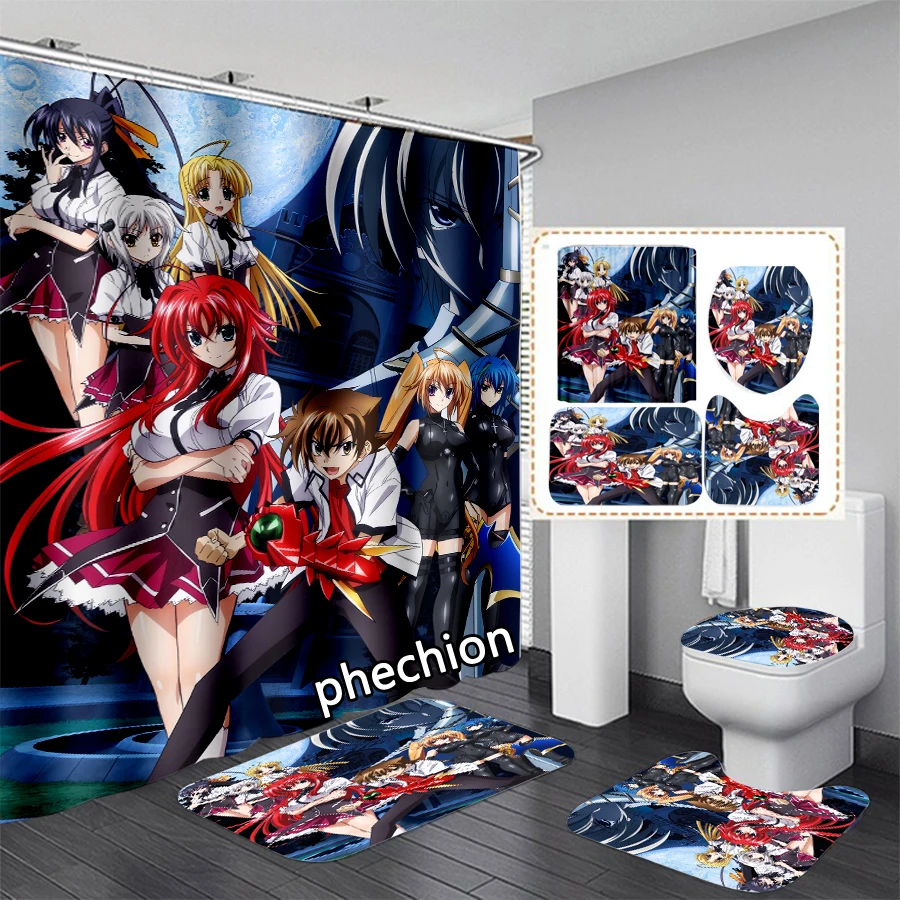 phechion Anime High School Dxd 3D Print Waterproof Bathroom Shower Curtain Toilet Cover Mat Non-Slip Floor Mat (1/3/4Pcs) W53