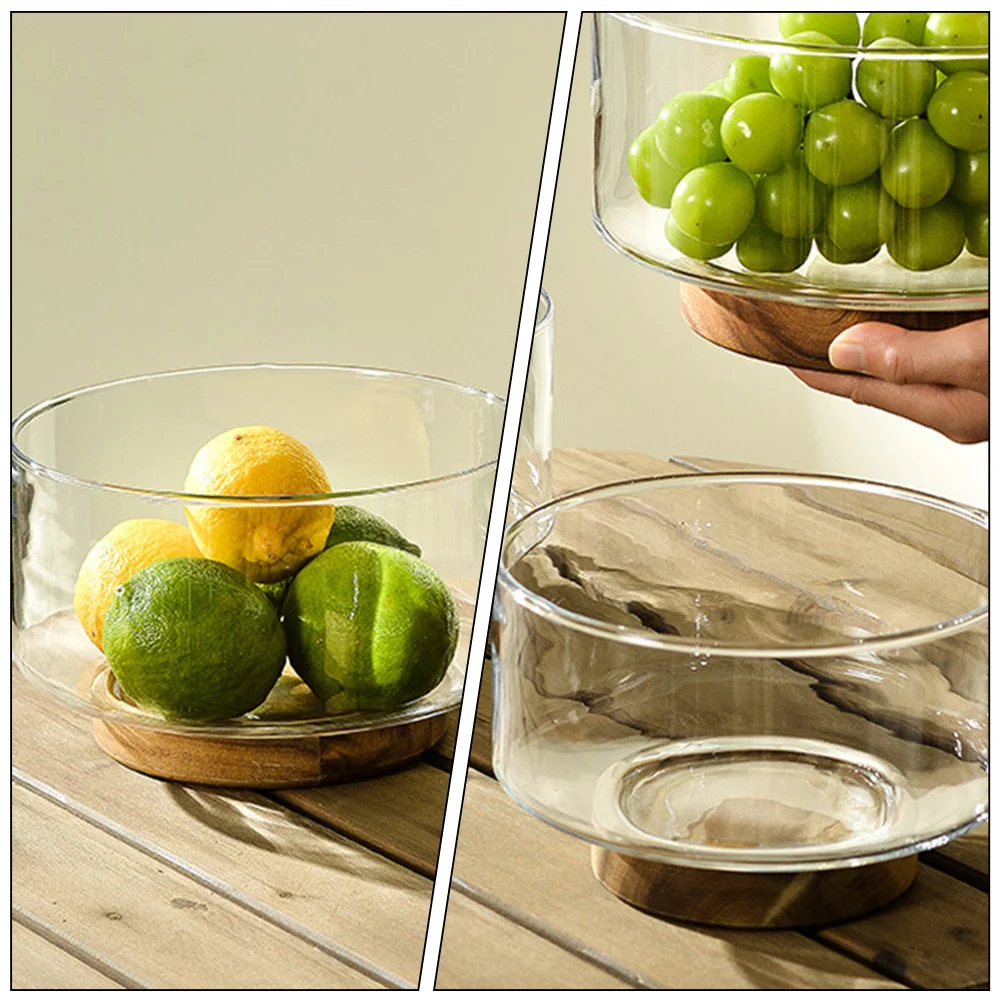 

1 Set Glass Fruit Bowl With Wood Base Large Clear Salad Serving Bowl For Dessert Vegetable Mixing Home Kitchen Gadget Storage
