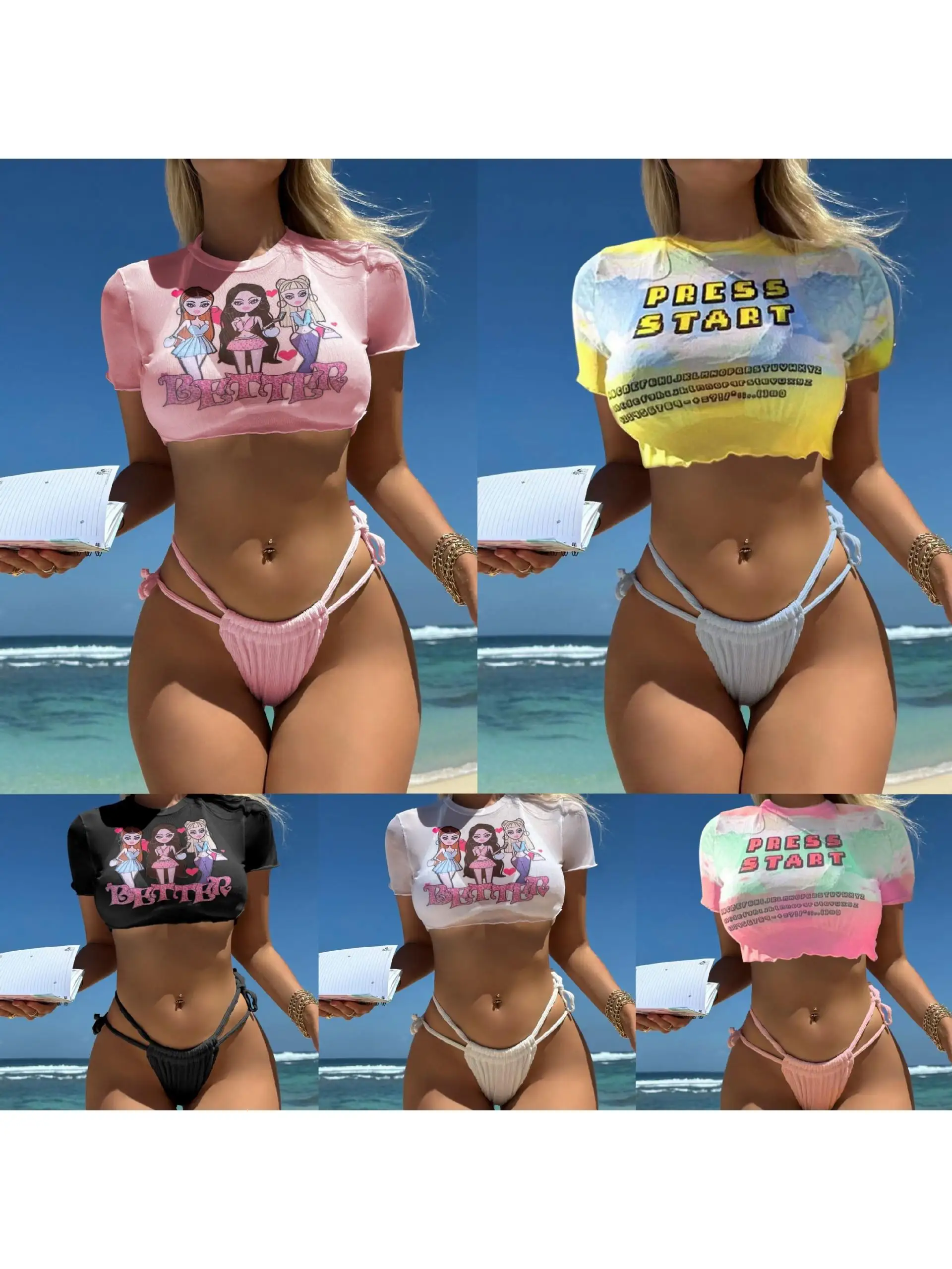 

Triplet Printed Tie Bikini with Rope Strap Portrait Design Polyester Material Swimming Suit Fitn And Yoga Wear for Women