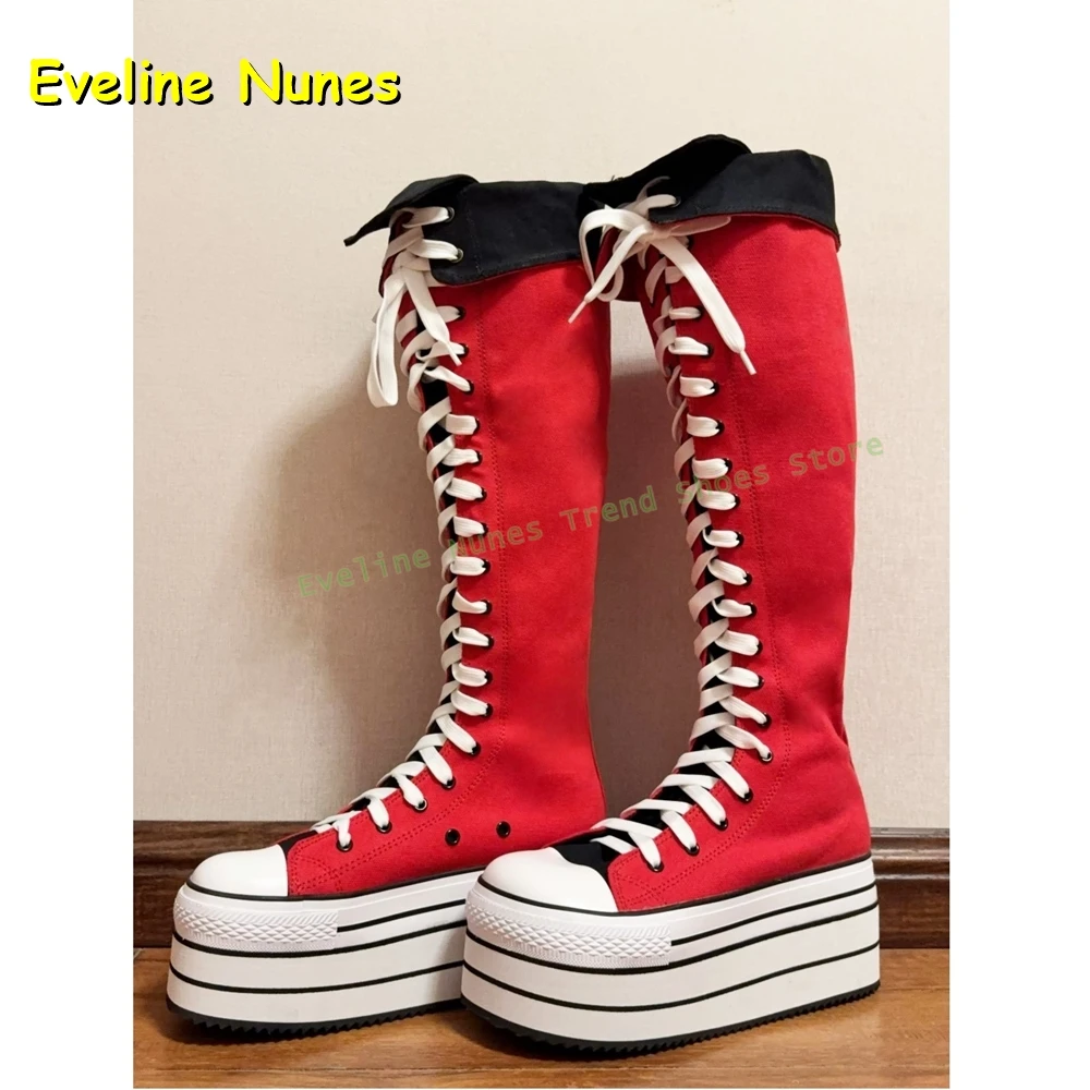 Rote Canvas-Schnürstiefel mit Plateausohle, runder Zehenbereich, Erhöhung der Mischfarben, kniehohe Stiefel für Damen, Cosplay, Street-Style, Y2K-Schuhe