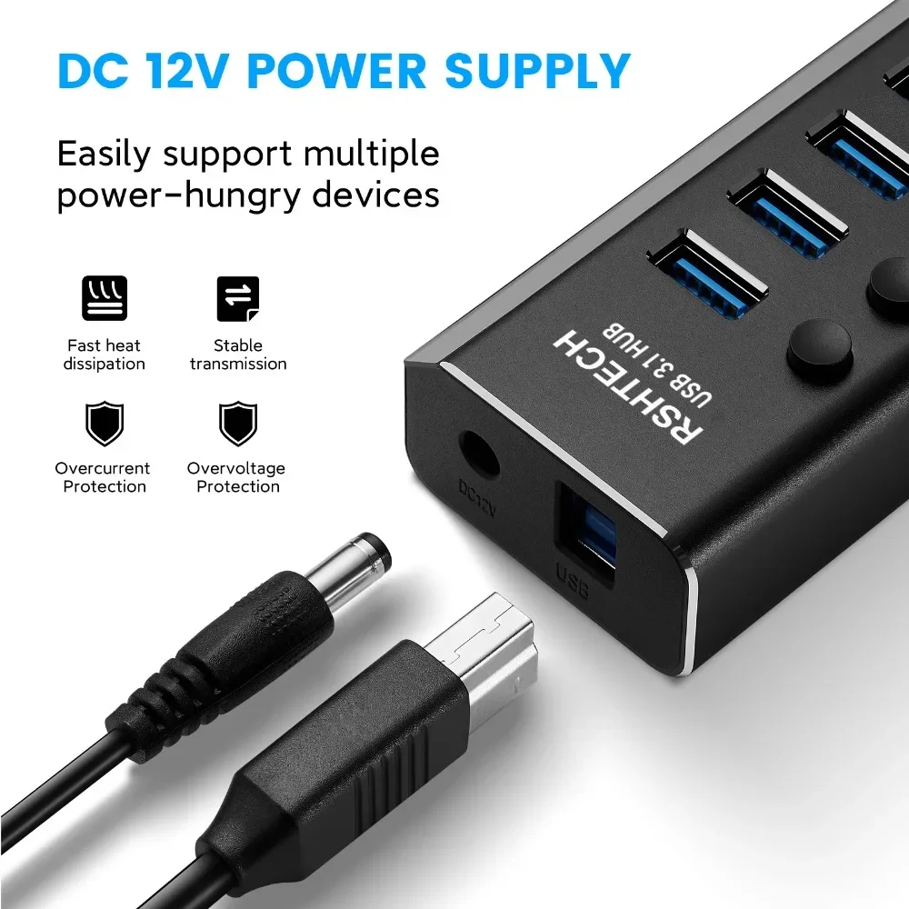 Imagem -05 - Rshtech Usb Hub 10 Portas Usb 3.2 Gen Expansor 10gbps 36w 12v 3a Adaptador de Alimentação Alumínio Usb c Hubs Divisor para Computador Portátil