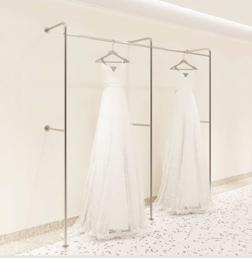 

Wedding store display rack, stainless steel floor standing wall mounted dress qipao display rack