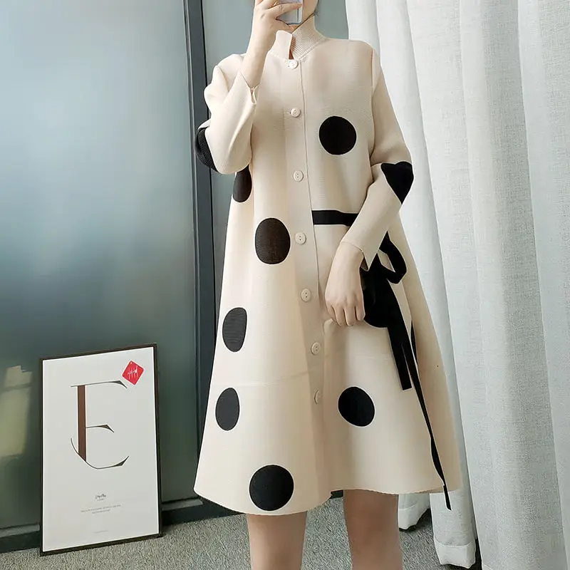 Wool Blends Pleated Ladies Windbreaker Jacket Autumn Single-breasted Stand Collar Lightly Cooked Print Polka Dot Windbreaker