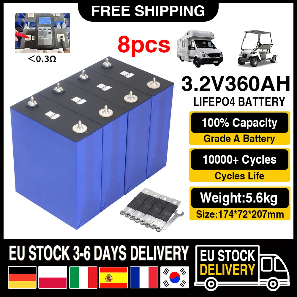 EU-voorraad 12V 350AH 3.2V 360AH Lifepo4-batterij, oplaadbare lithium-ijzerfosfaatbatterijen, DIY 12V 24V 36V 48V voor EV-golfkarren met busbars