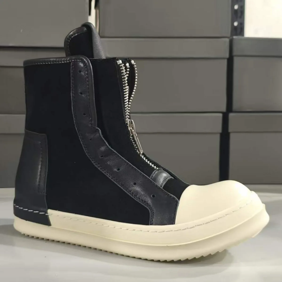 Brand Men Casual Shoes Genuine Leather Patchwork High Top Ankle Boots Owens Vintage Luxury Designers Flats Lace Up Sneakers