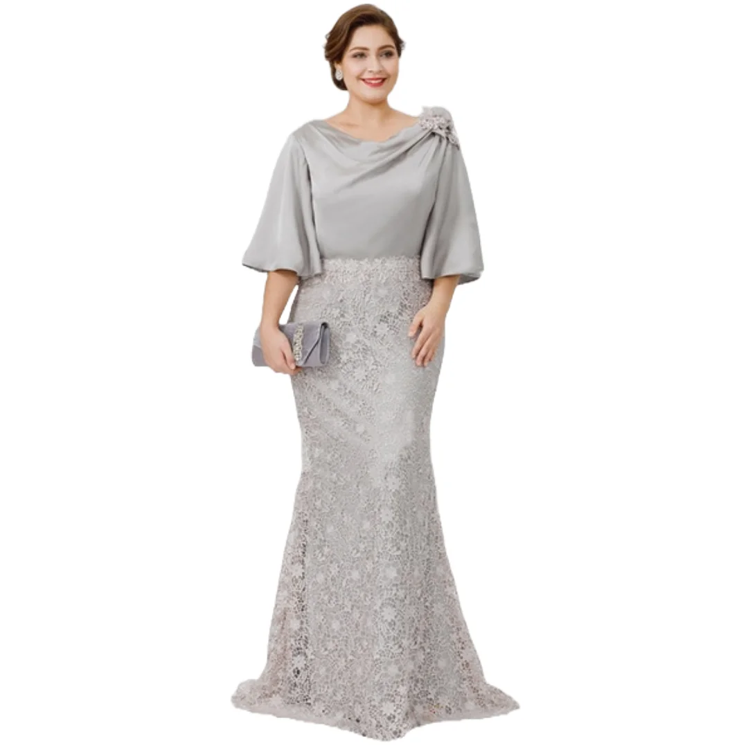 Customized Long Mother Of The Bride Dresses for Weddings Guest Silver Mermaid Bowl Half Puff Sleeves Plus Size Shoulder Flower