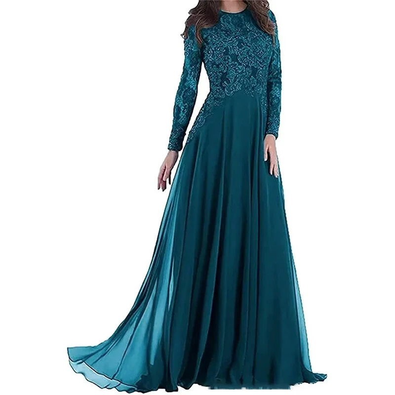 Luxury Evening Dresses Lace Decals Beaded Round Neck Long Sleeved Formal Evening Dress Floor Length Wedding Guests Dresses