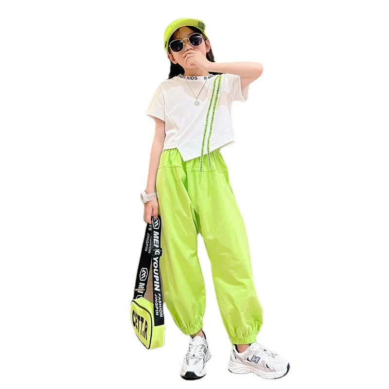 2024 summer Teen Girls Sport Suit striped short t-shirt + skinny Pants Children Set Tracksuit Kids 5 8 10 12 9 14 Years Clothing