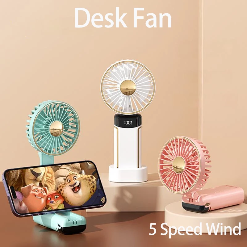 5000mAh Desktop Foldable Portable Fan USB Rechargeable 5 Speed Mute Handled Fan Electric Adjustable Air Conditioner Cooling Fan