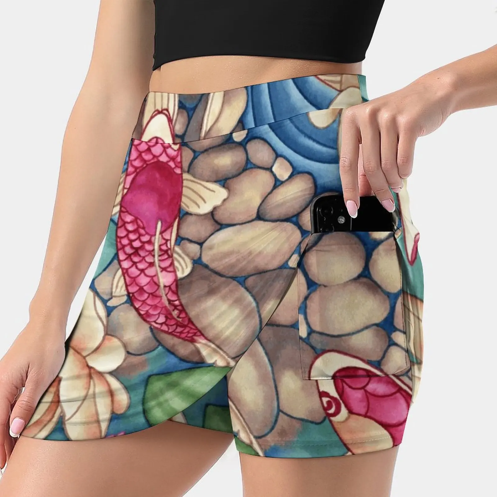 

Koi Pond Korean Fashion Skirt Summer Skirts For Women Light Proof Trouser Skirt Watercolor Hand Painting Koi Fish Rocks Pebbles