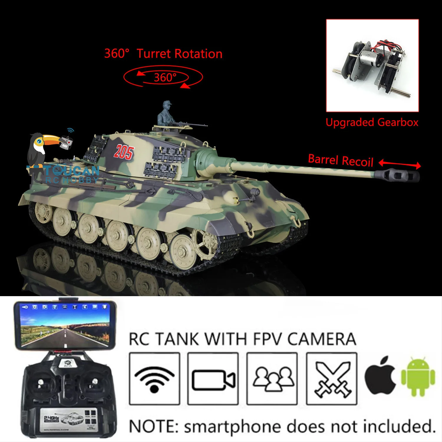 Tanque de plástico HENG LONG 1/16 FPV King Tiger RC 3888A 7,0 °, barril de torreta, retroceso para niños, ametralladora BB, regalos de Pellet TH17522, 360