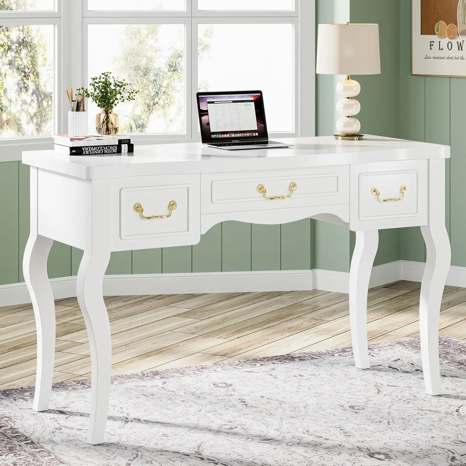 Tribesigns Computer Desk with 3 Drawers, 47-Inch White Home Office Desk with Storage, Antique Wooden Study Writing Table