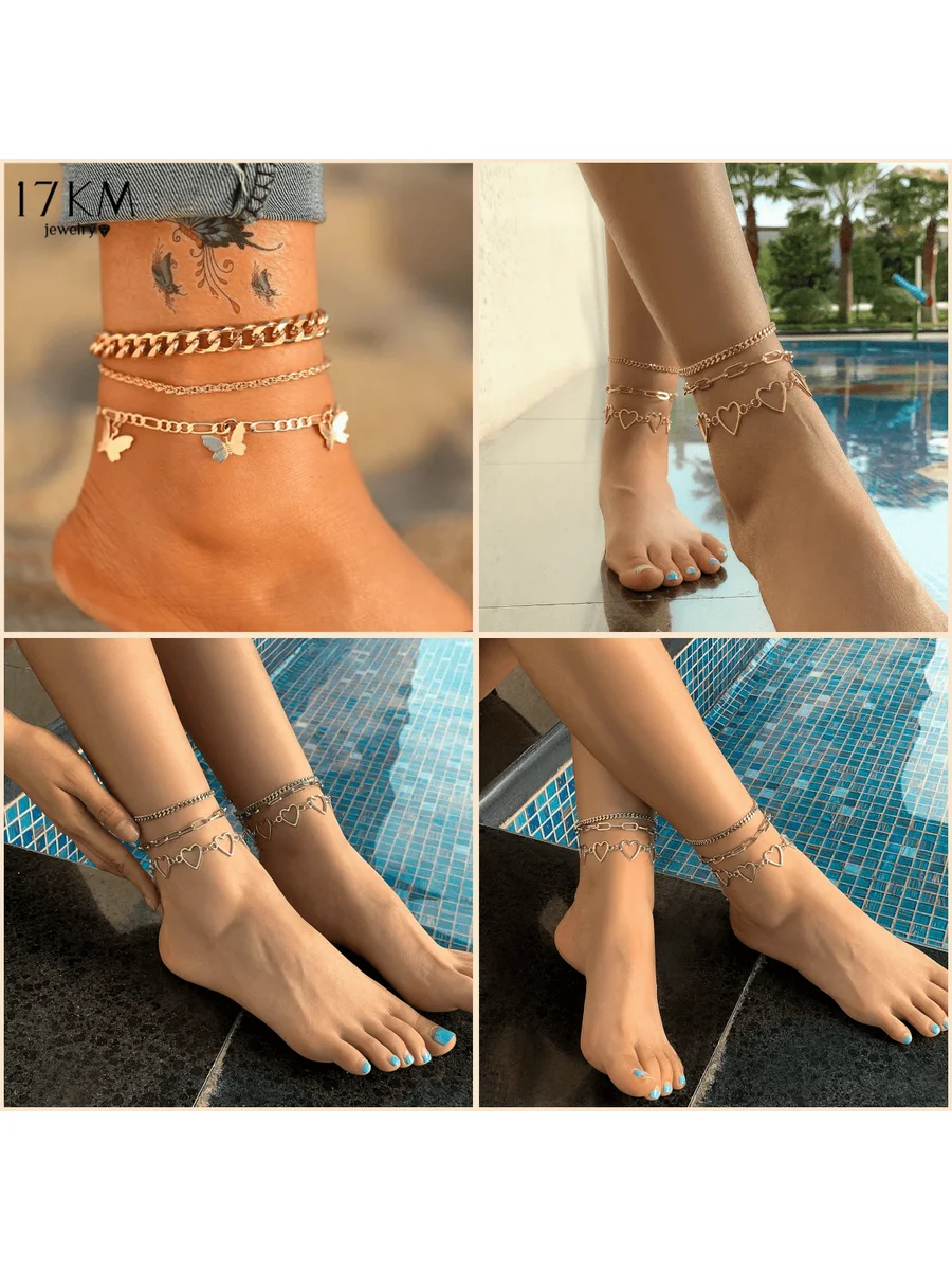 

Layered Heart And Butterfly Charm Anklets With Thick Chain, Summer Beach Foot Jewelry For Women, Holiday Gift Idea