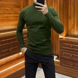 Smart Casual Autumn Winter Men Sweaters Pullovers Solid Mock Neck Fashion Luxury Business Slim Long Sleeve Elastic Knitted Tops