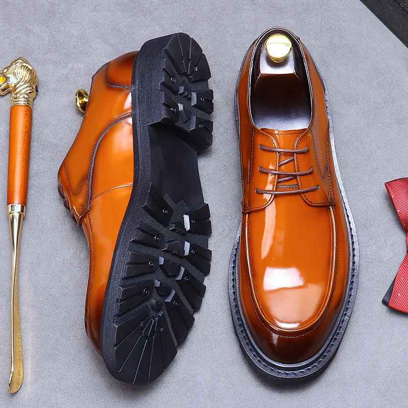 New High Quality Polished Business Casual Shoes British Men\'s Lace-Up Derby Shoes Bright Leather Formal Shoes Round Toe Loafers