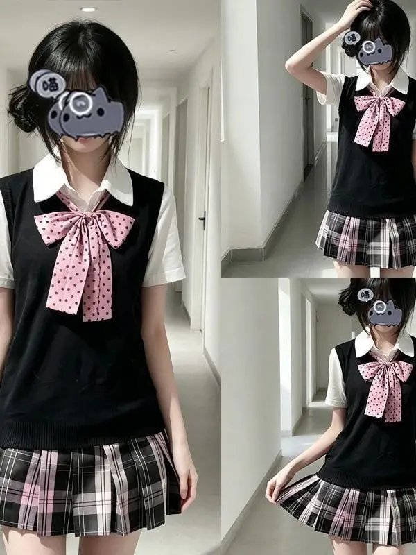 Uniforme JK Original, Chaleco de Punto con Cuello en V, Camisa de Manga Corta, Conjunto con Falda a Cuadros, Tejido de Poliéster Transpirable