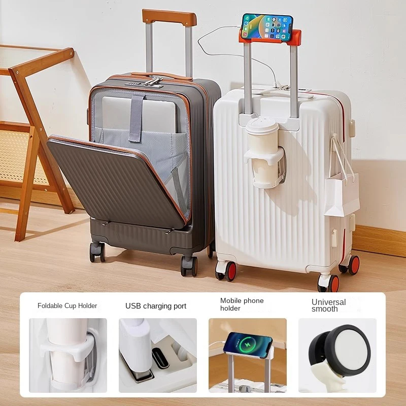 20/24/26 بوصة المتداول الأمتعة حقيبة سفر الجبهة افتتاح مع حامل الكأس حمل على الأمتعة الصعود حقيبة تروللي بعجلات