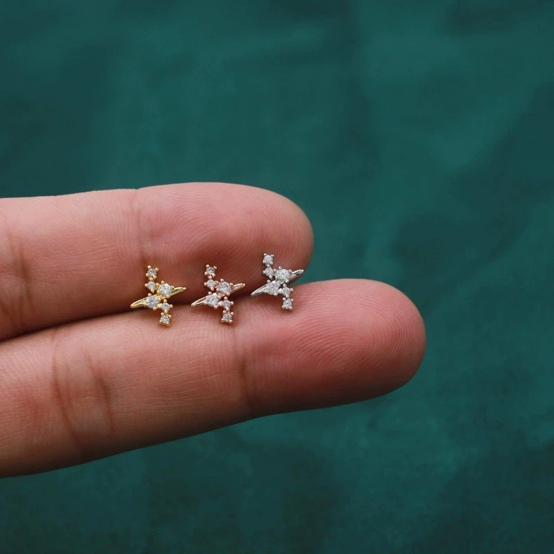 

Cute Small Copper Zircon Star Cross Stud Earring Women Gold Color Steel Helix Bar Ear Cartilage Piercing Cuff Jewelry Wholesale