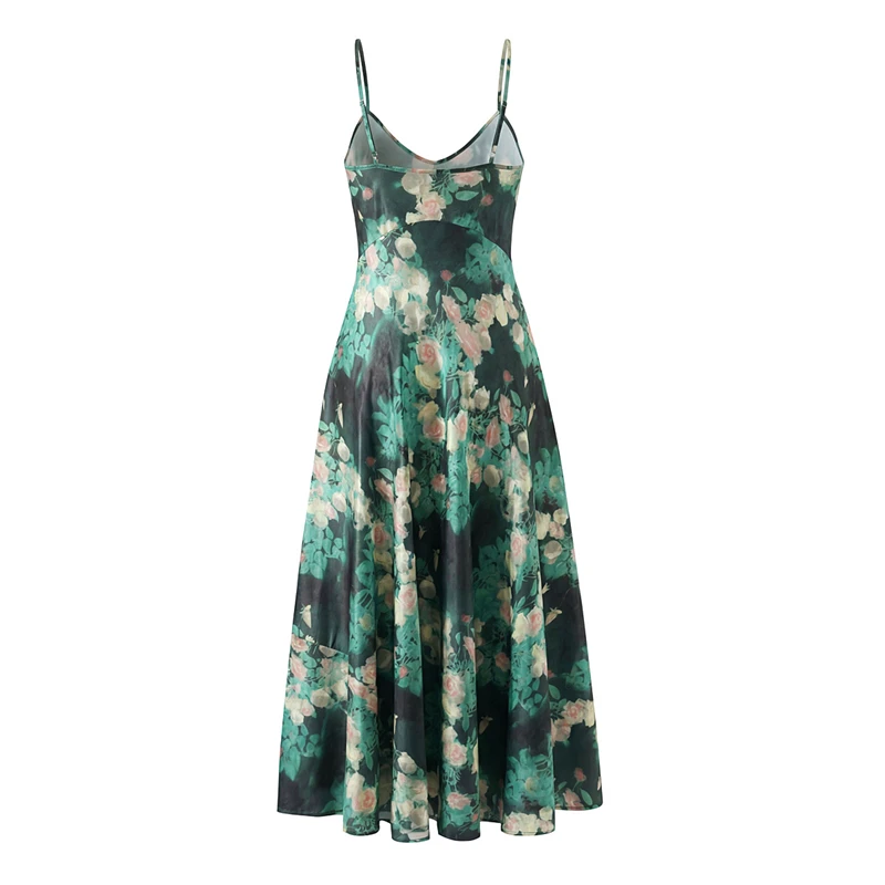 Abito da donna con stampa floreale verde scuro, abito da festa elegante midi in raso con scollo a V senza maniche, adatto a tutte le stagioni