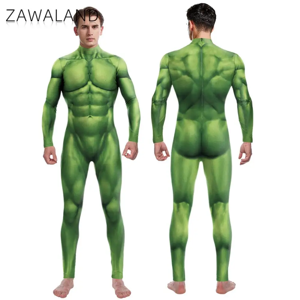 Zawaland สีเขียวกล้ามเนื้อ Zentai บอดี้สูท Man Woman Carnival Purim ปลอมตัวเครื่องแต่งกายภาพยนตร์ COSPLAY Jumpsuit เทศกาลปาร์ตี้ Catsuit