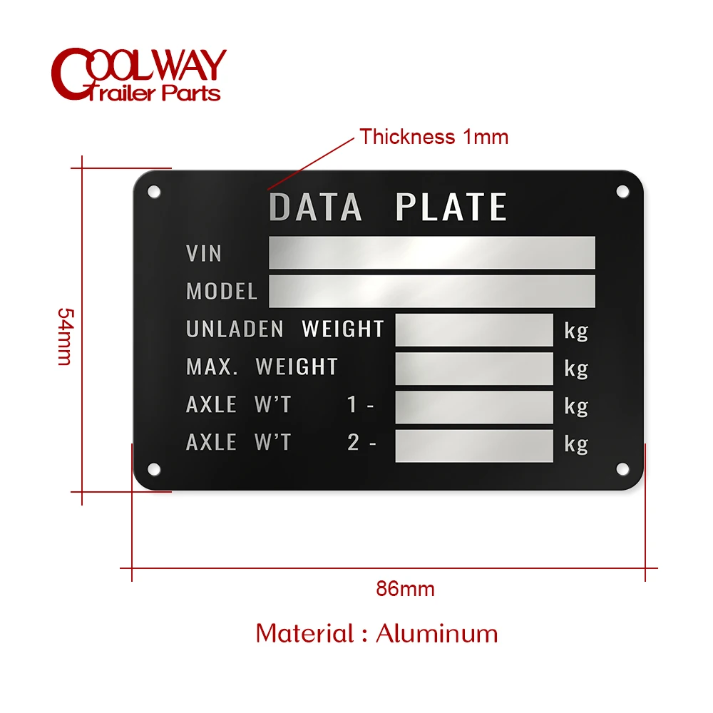 Etiqueta de identificación de remolque de aluminio en blanco o grabado, placa de fecha Vin, 86X54mm, serie GVWR, piezas de autocaravana médica, accesorios para Camper