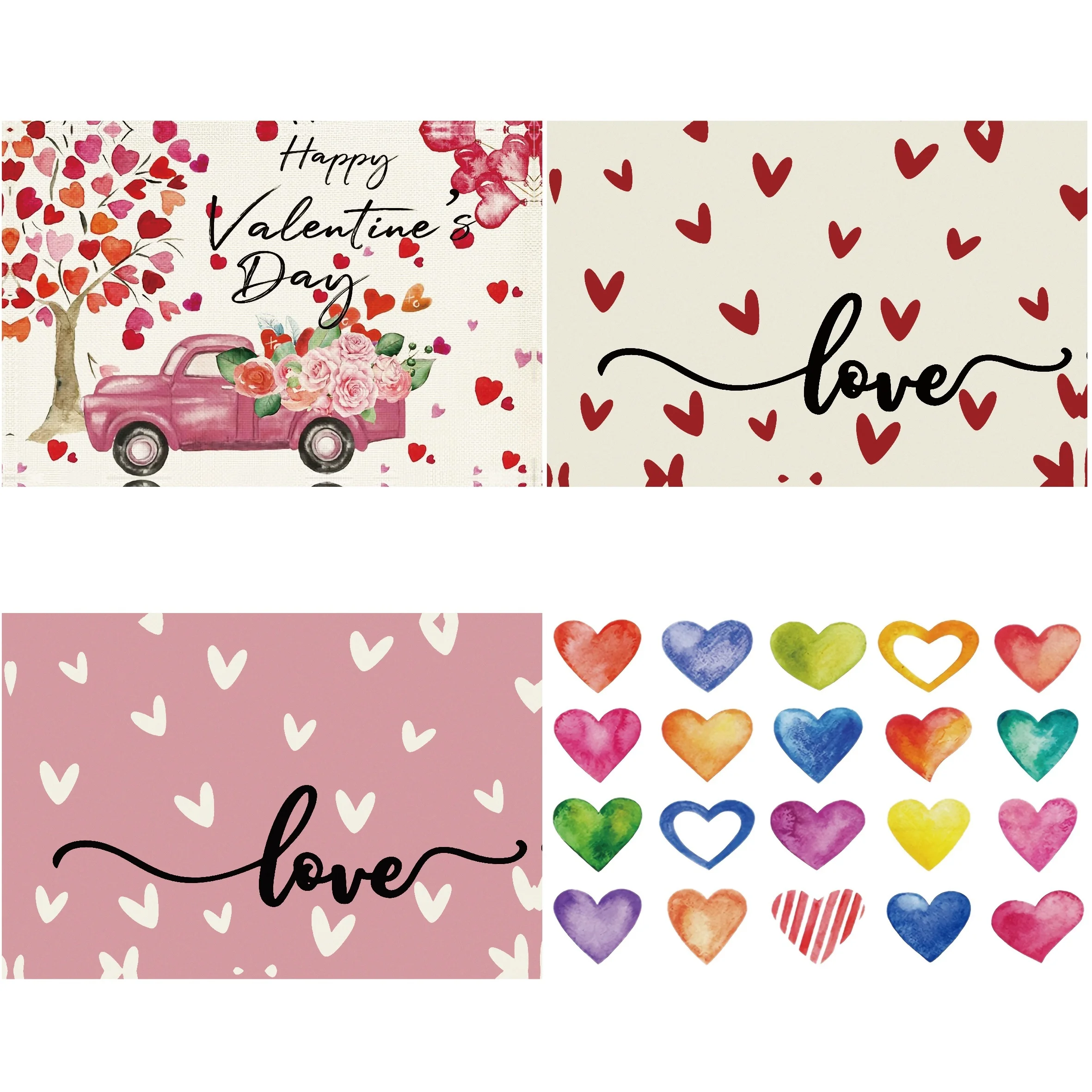 

2pcs, Placemats, Love Heart Tree Truck Roses Pattern Table Pads Happy Valentine's Day Theme Romantic Table Decoration Mat