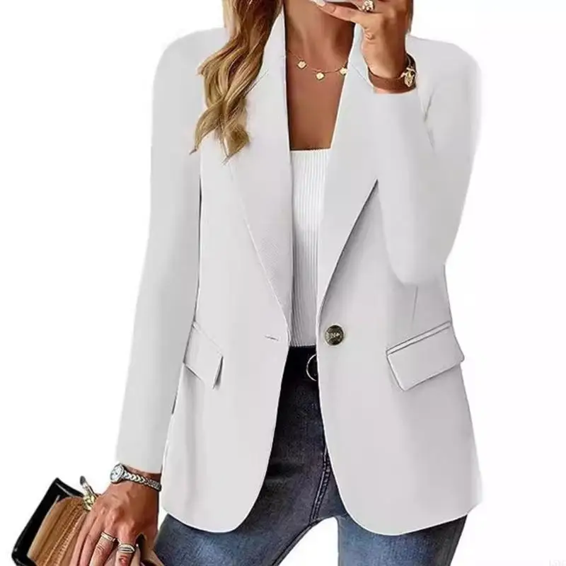 L5YC Structured Polyester Blazers Women Career Wear Autumn Essential Solid Color Long Sleeve Design
